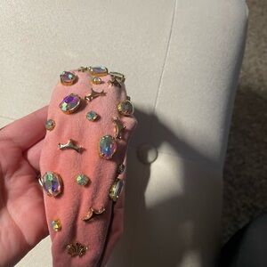 Lele Sadoughi Pink Velvet Headband with Gold and Iridescent Embellishments